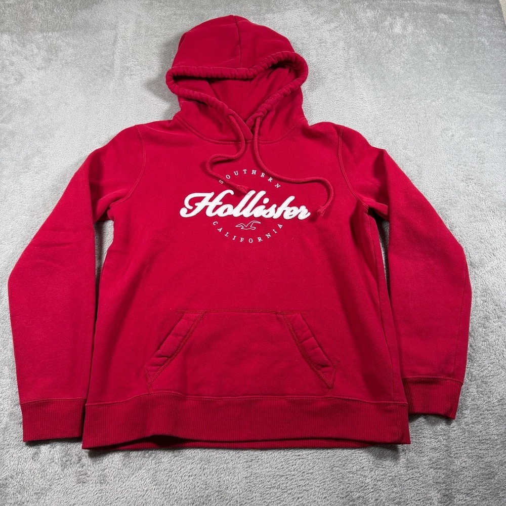 Hollister Hoodie Mens‎ Medium Red Spellout Logo Fleece Pullover Kangaroo Pocket